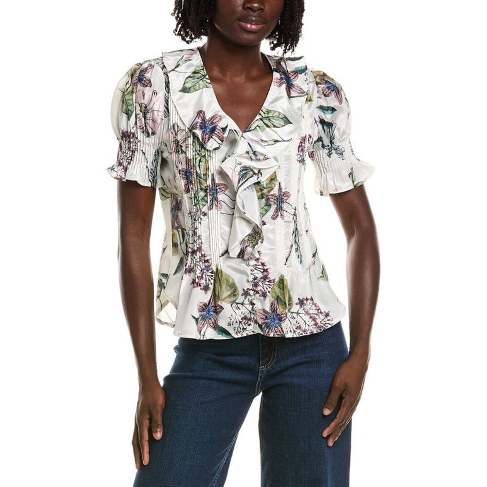 T Tahari Womens  Short Gathered Sleeve Ruffle Top, White